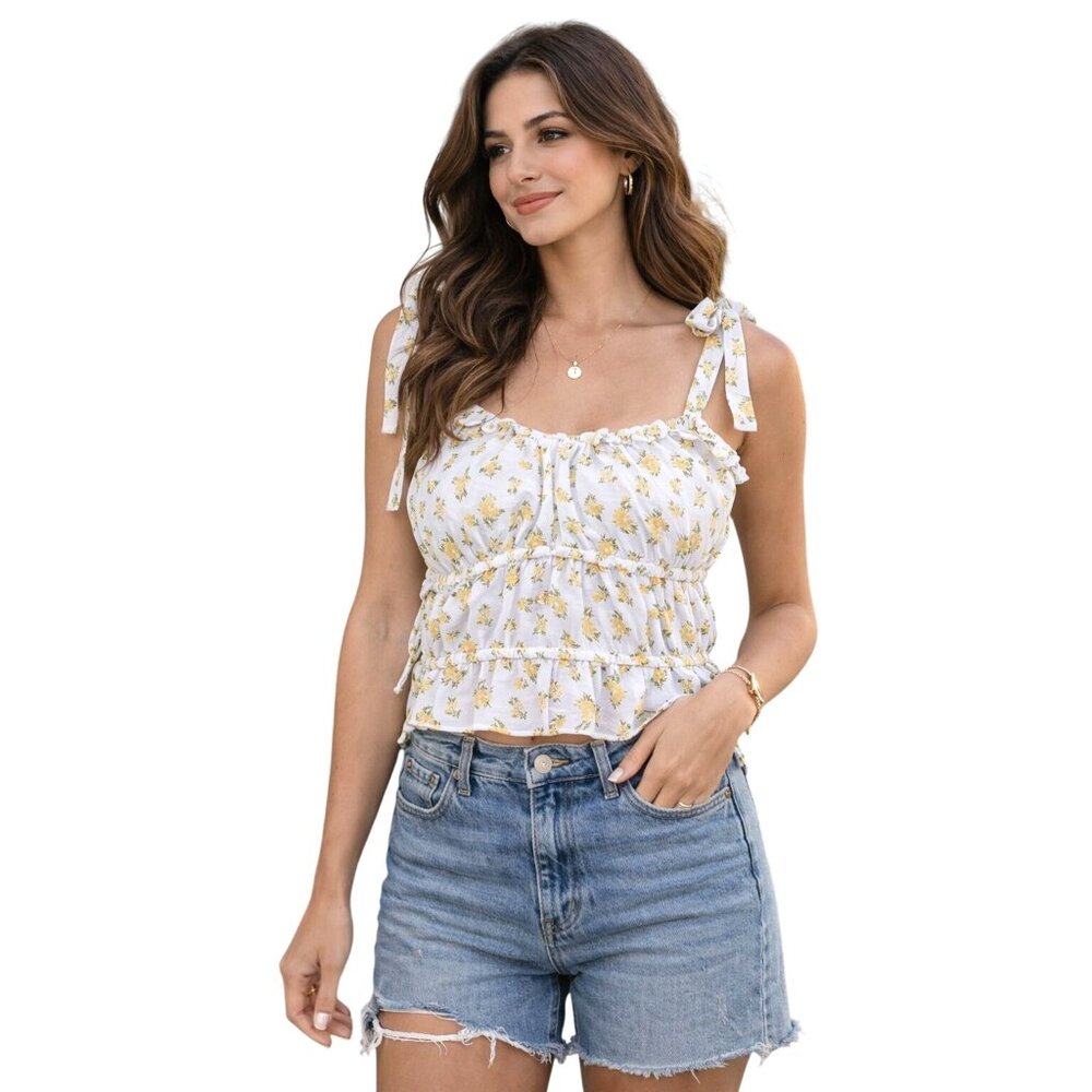 Kirious Los Angeles Yellow Floral Print Sleeveless Ruffle Crop Top Tie Large